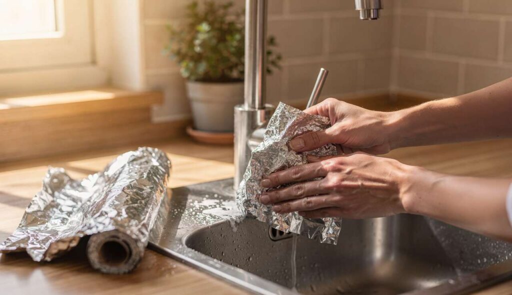 Un rotolo di carta alluminio permette di eliminare facilmente il calcare senza sforzo supplementare in casa